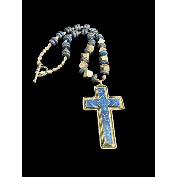 Vintage Lapis Lazuli Cross Necklace Silver Plated Geometric Beads Dangle Ethnic - Picture 1 of 7